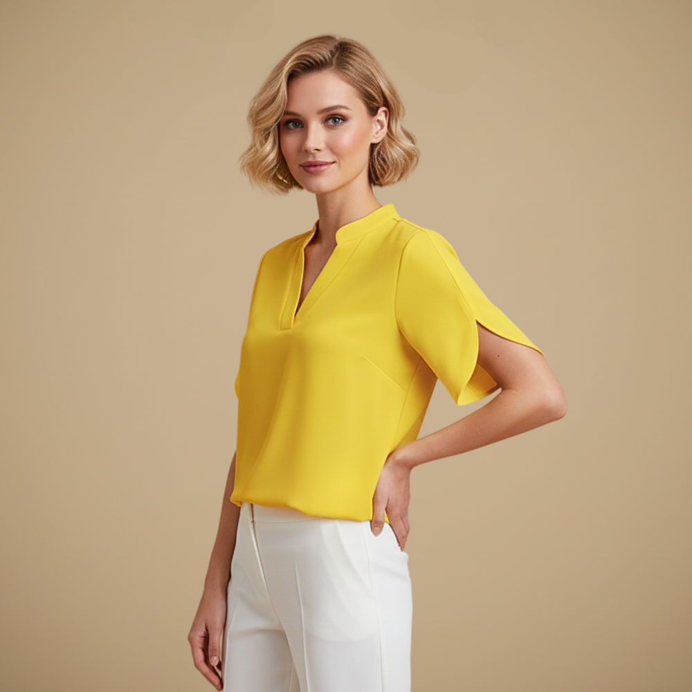 Blus dam med V-hals, kortärmad casual stil och uppstående krage