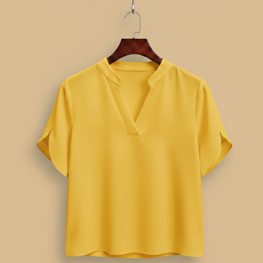 Blus dam med V-hals, kortärmad casual stil och uppstående krage