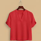 Blus dam med V-hals, kortärmad casual stil och uppstående krage