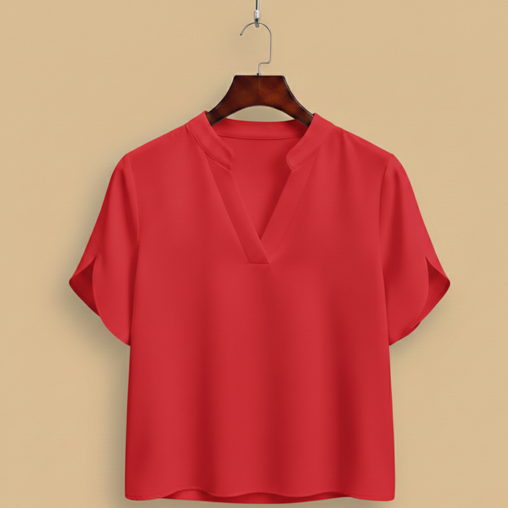 Blus dam med V-hals, kortärmad casual stil och uppstående krage