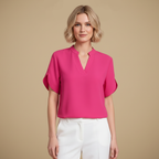 Blus dam med V-hals, kortärmad casual stil och uppstående krage