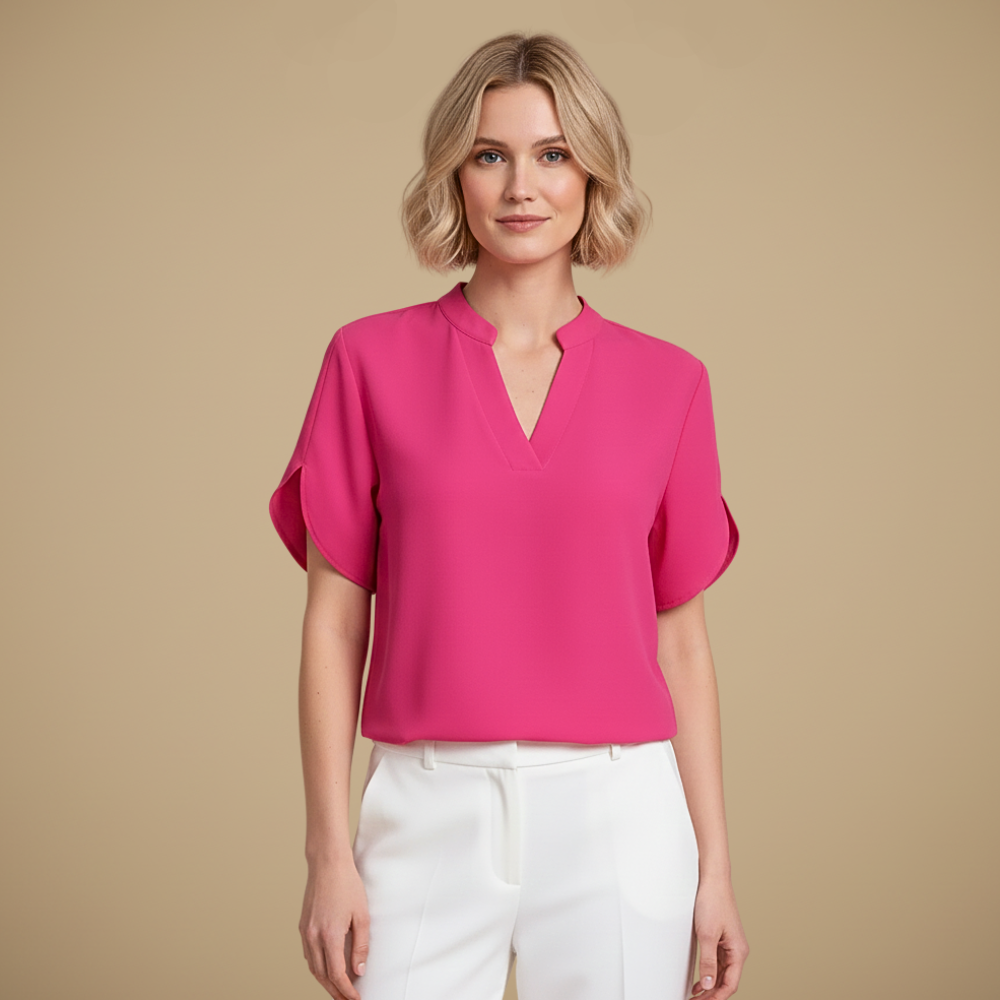 Blus dam med V-hals, kortärmad casual stil och uppstående krage