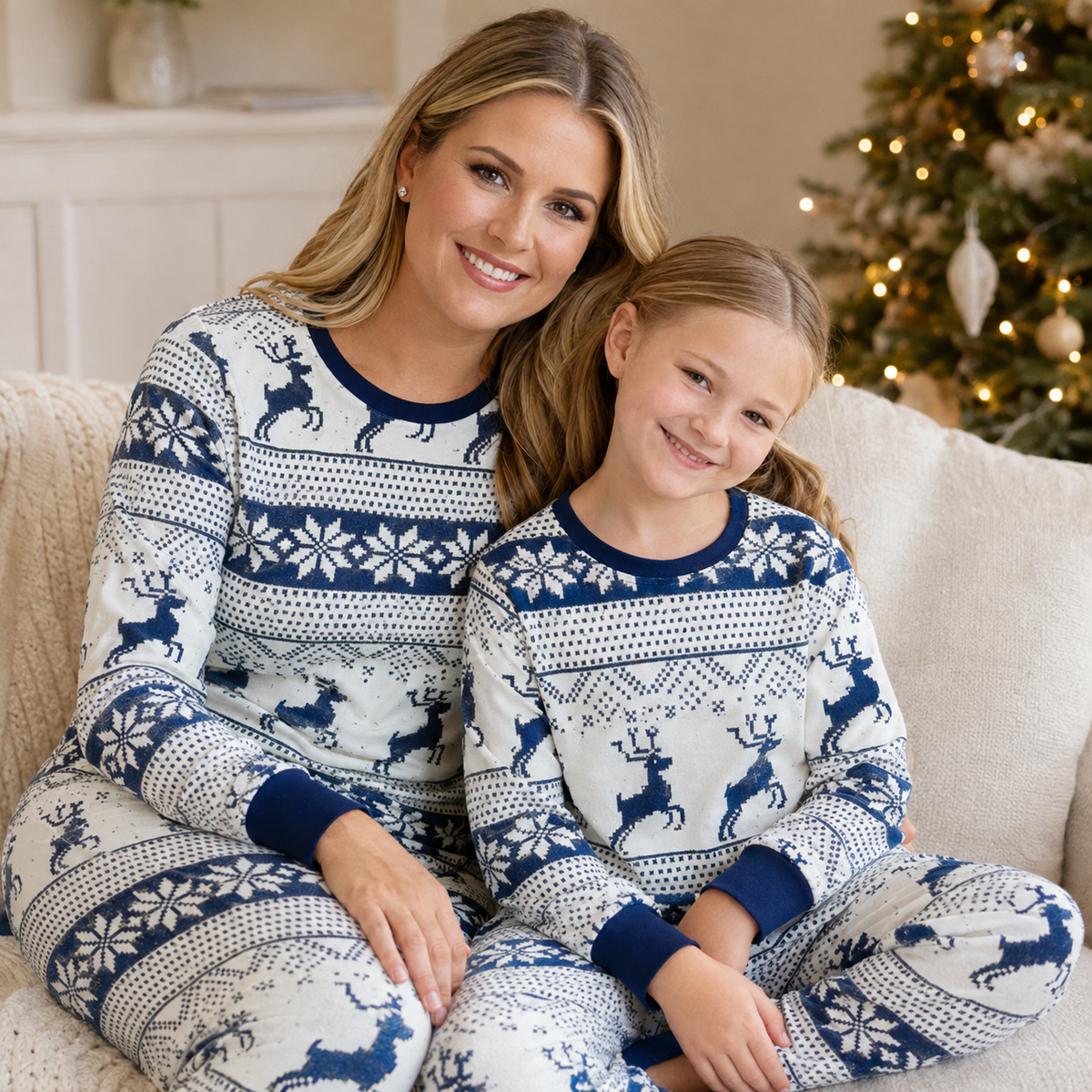 Julpyjamas familj nordiskt renmönster långärmad set för vuxna och barn