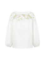 Blus dam med puffärmar, blommönster applikation och mesh-detalj