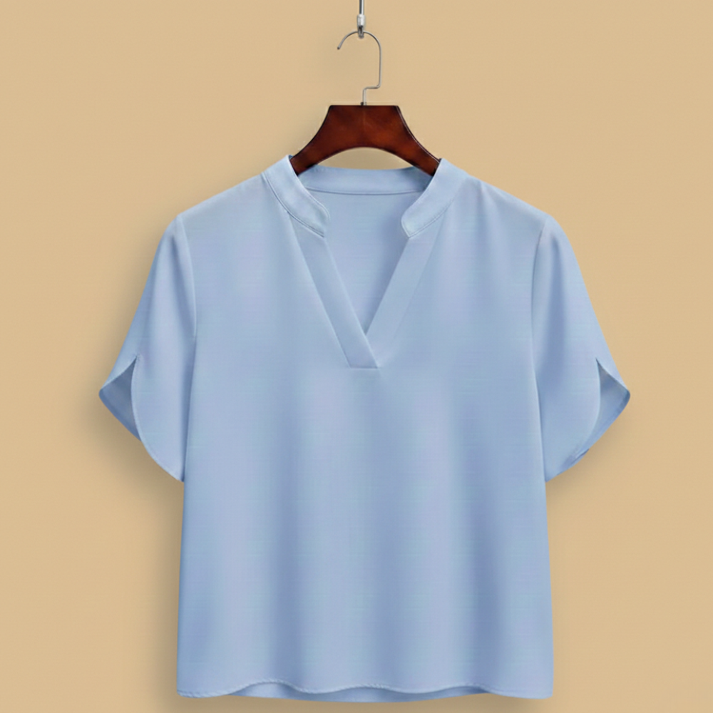 Blus dam med V-hals, kortärmad casual stil och uppstående krage