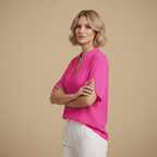 Blus dam med V-hals, kortärmad casual stil och uppstående krage