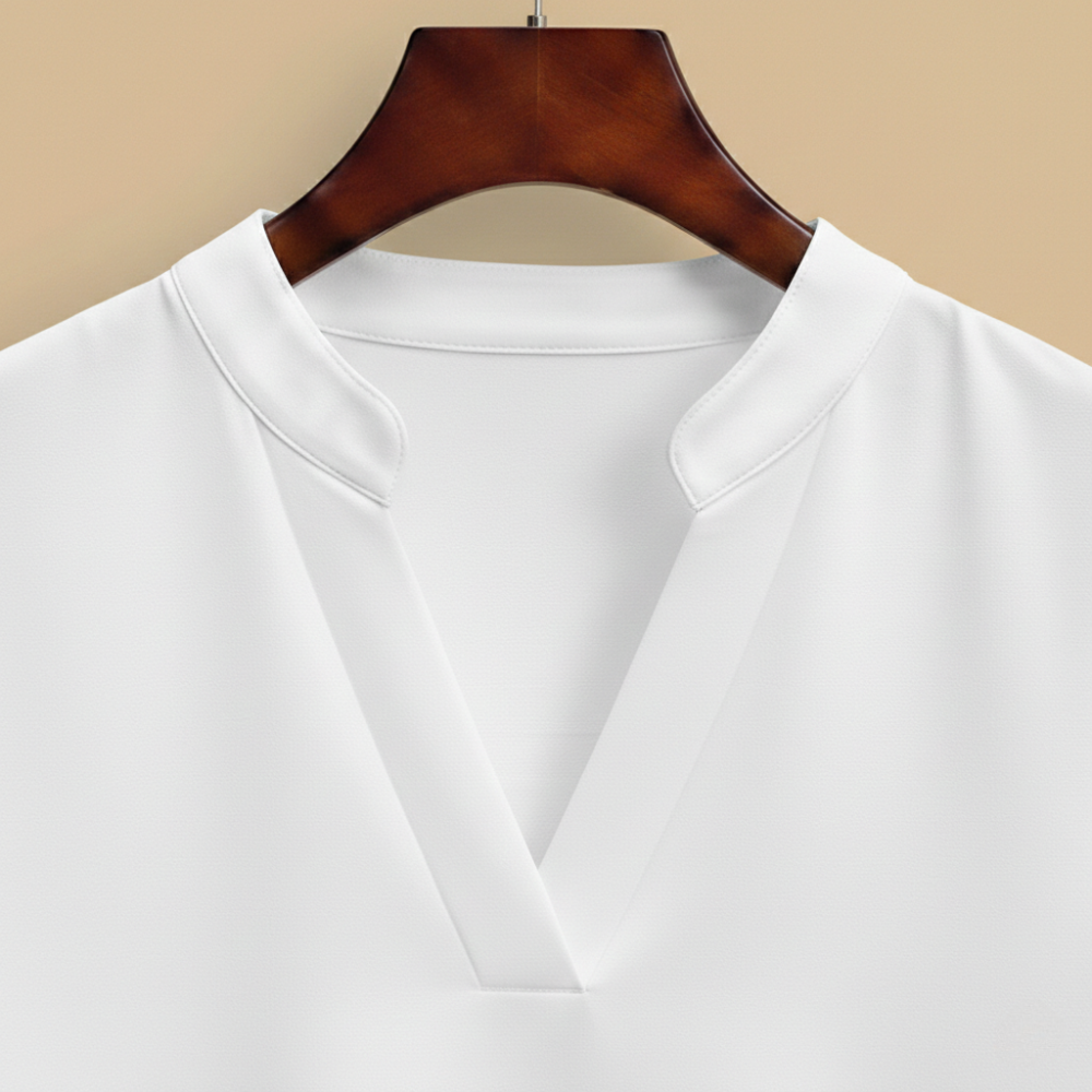 Blus dam med V-hals, kortärmad casual stil och uppstående krage