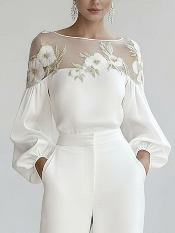 Blus dam med puffärmar, blommönster applikation och mesh-detalj