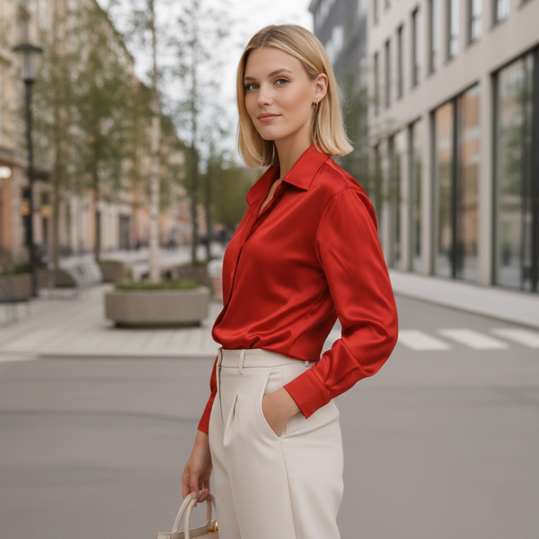 Florentine - Satinblus Dam Långärmad med Knäppning