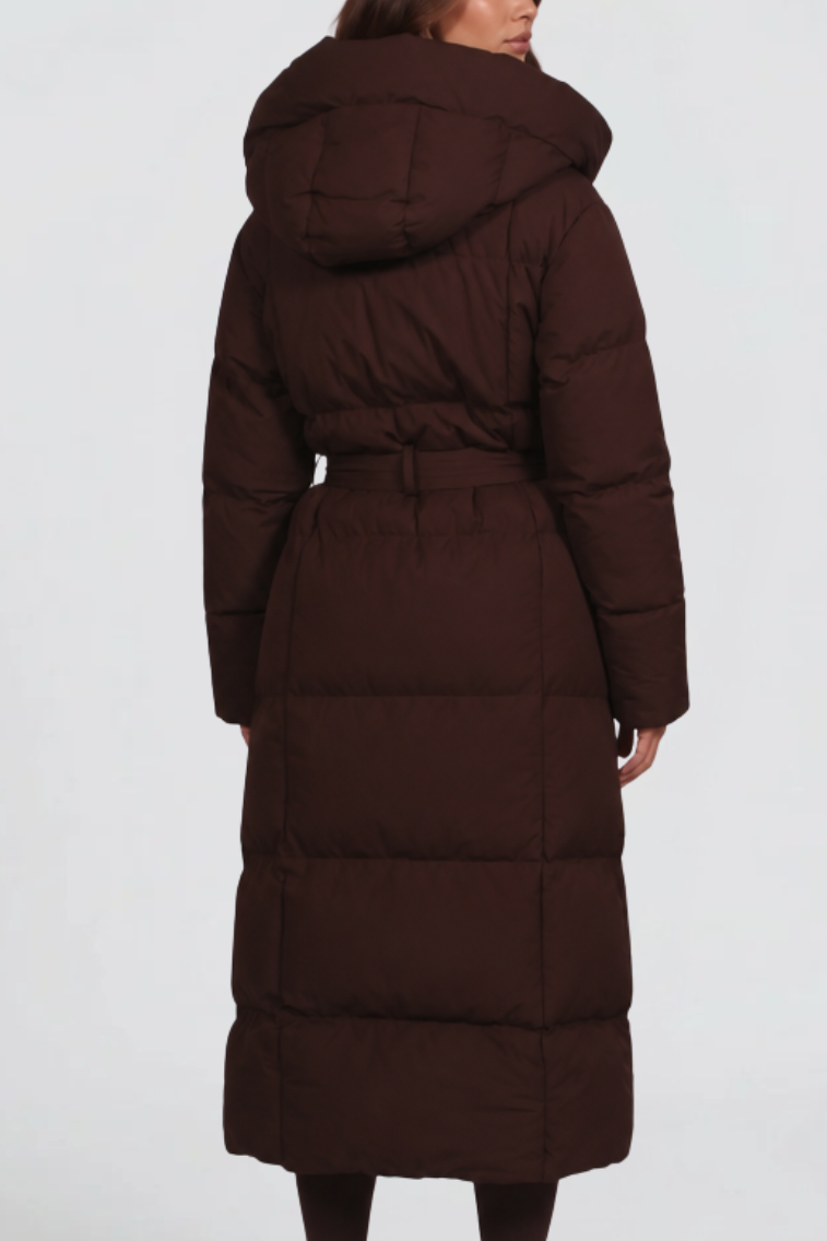 Vinterkappa dam lång steppad parkas med stor huva och knytbälte