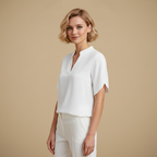 Blus dam med V-hals, kortärmad casual stil och uppstående krage
