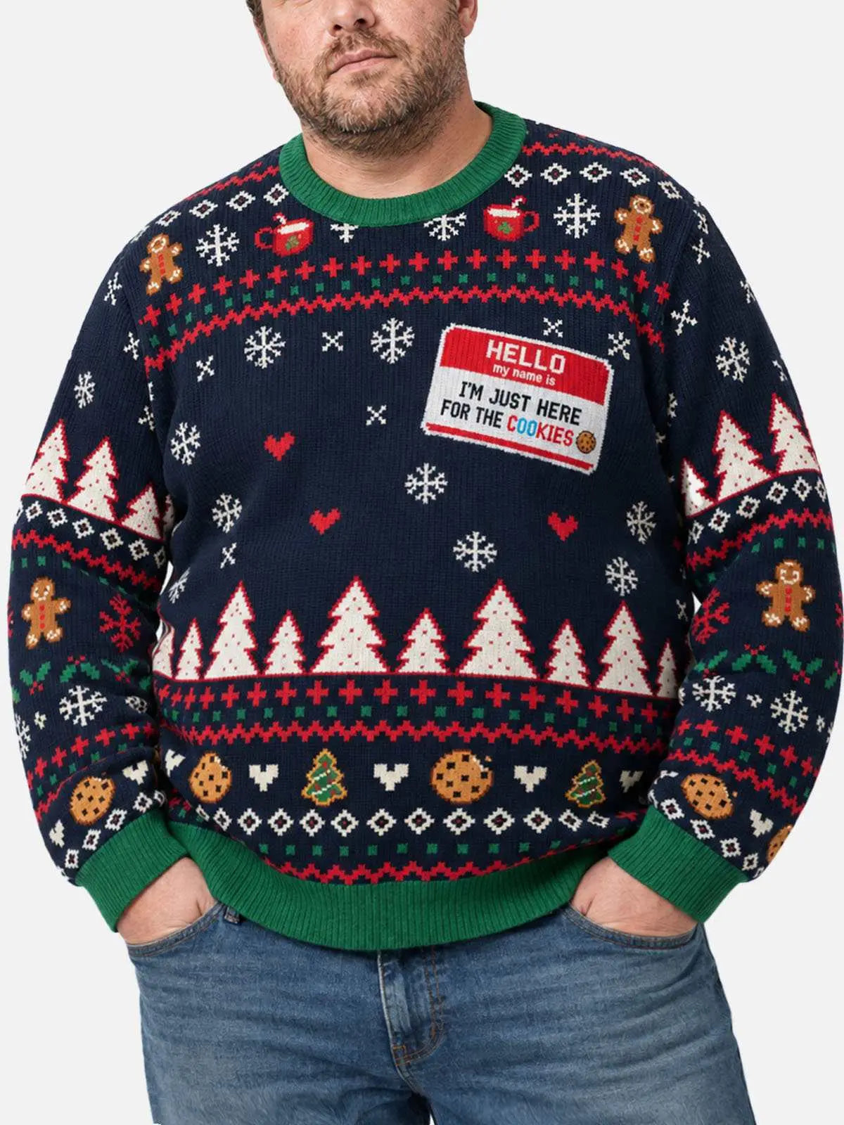 Jultröja dam marinblå rolig julsweater med pepparkaksgubbar och snöflingor