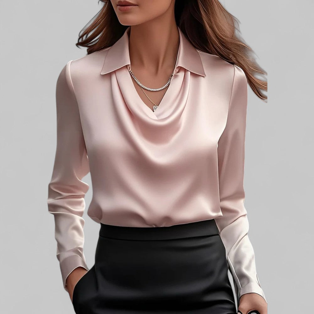 Dam blus med dragperad krage och långärmad regular fit