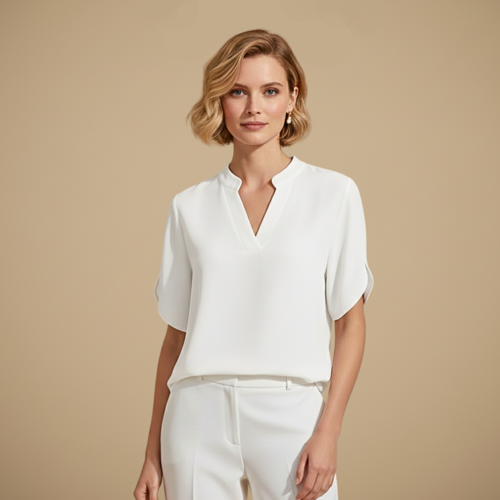 Blus dam med V-hals, kortärmad casual stil och uppstående krage