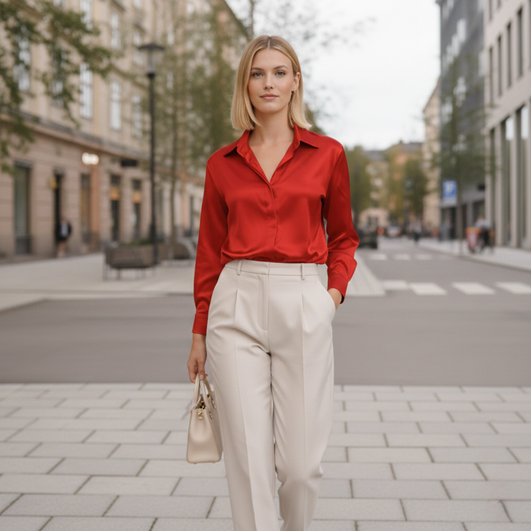 Florentine - Satinblus Dam Långärmad med Knäppning