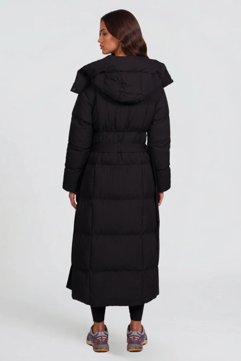 Vinterkappa dam lång steppad parkas med stor huva och knytbälte