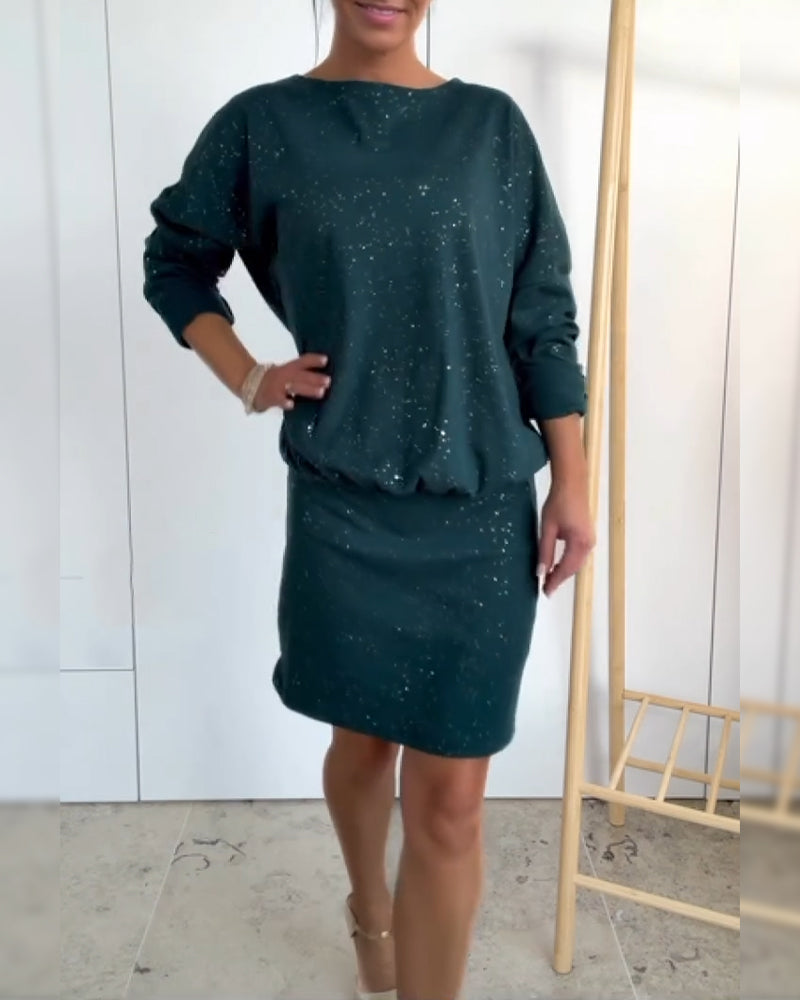 Glitterklänning dam långärmad med subtil glitter och rund hals
