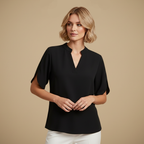 Blus dam med V-hals, kortärmad casual stil och uppstående krage