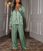 Dam pyjamas i randig satin, 2 delat set med knappskjorta och långa ärmar
