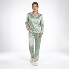 Dam satin pyjamas tvådelad med långärmad skjorta och kragad