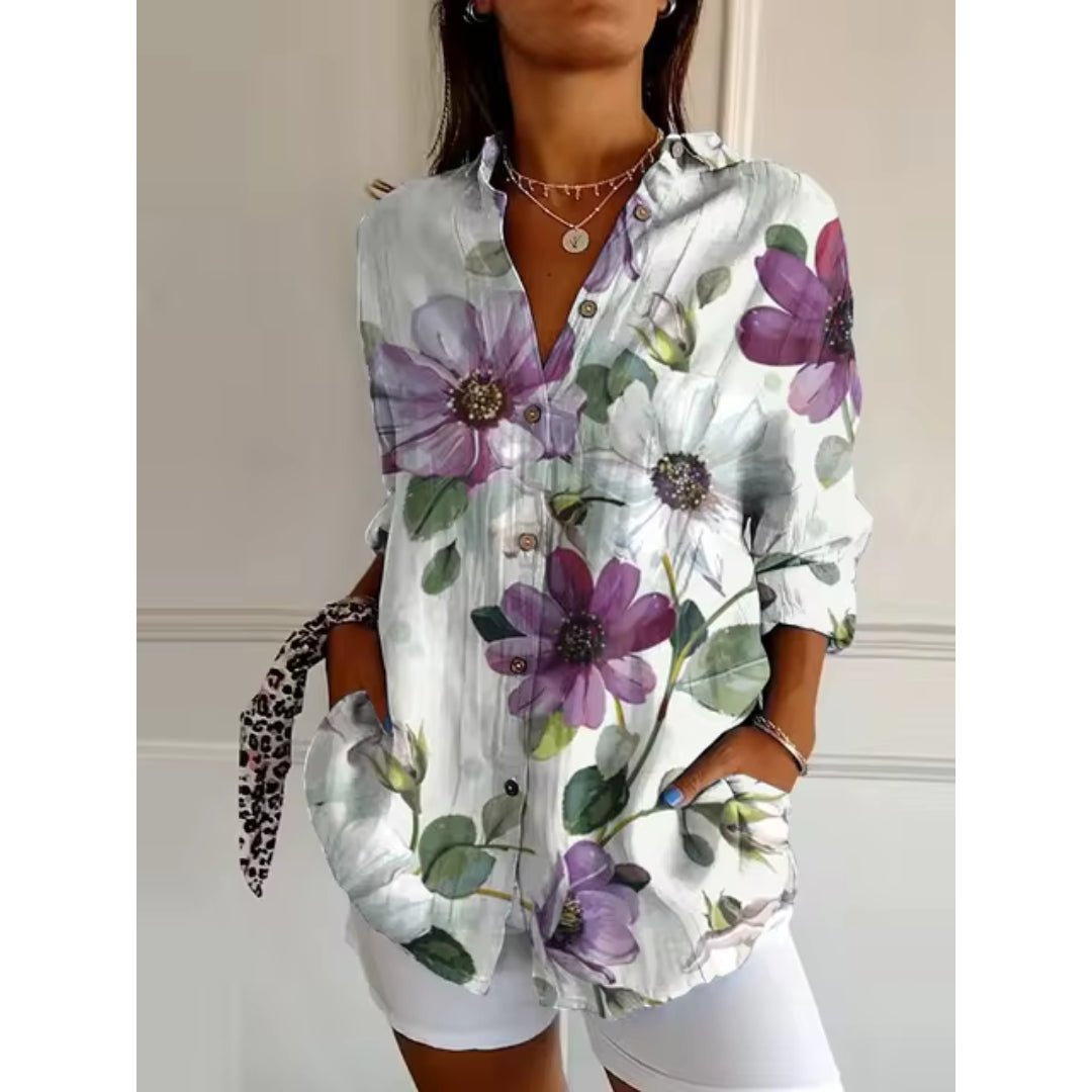 Blus dam med blommig print, långa ärmar och lös passform