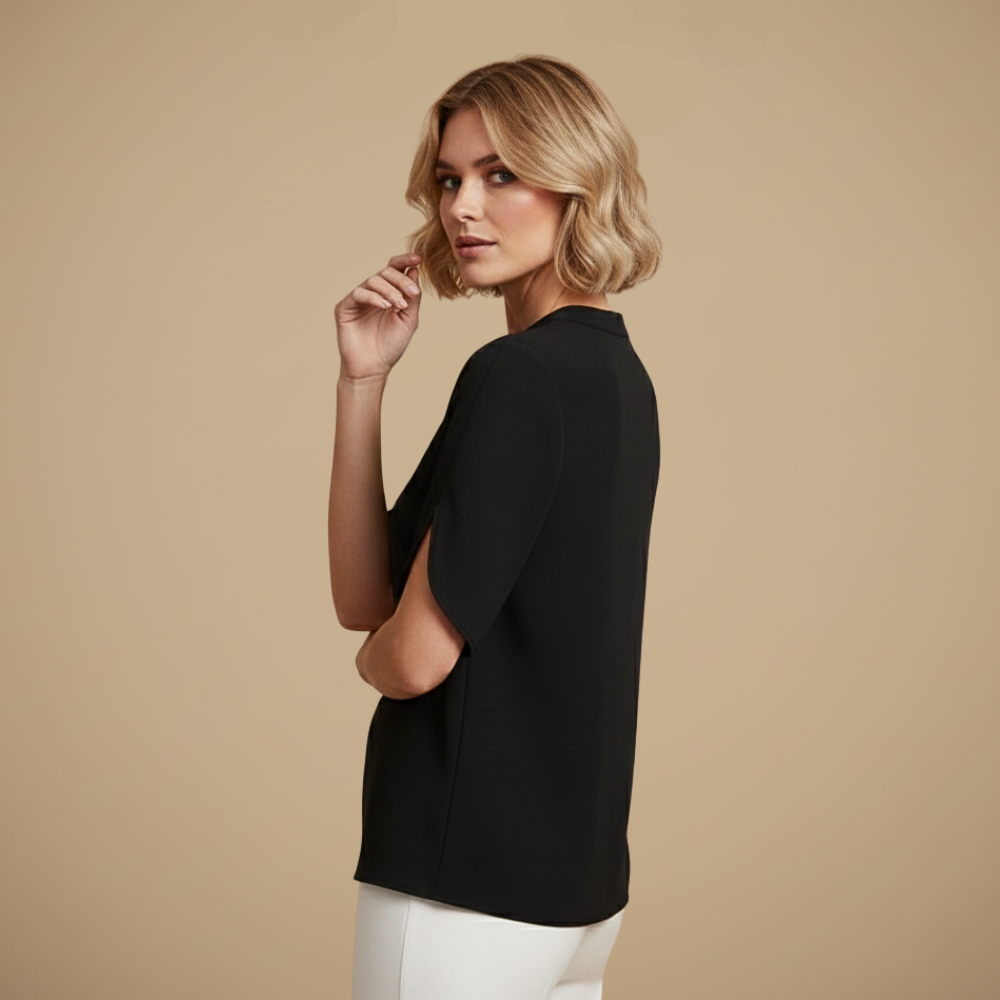Blus dam med V-hals, kortärmad casual stil och uppstående krage