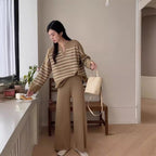 Stickat set dam tvådelad tweed randig blus och vida byxor