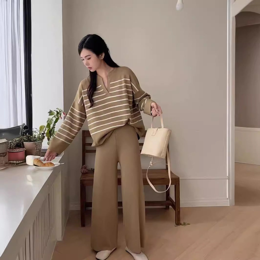 Stickat set dam tvådelad tweed randig blus och vida byxor
