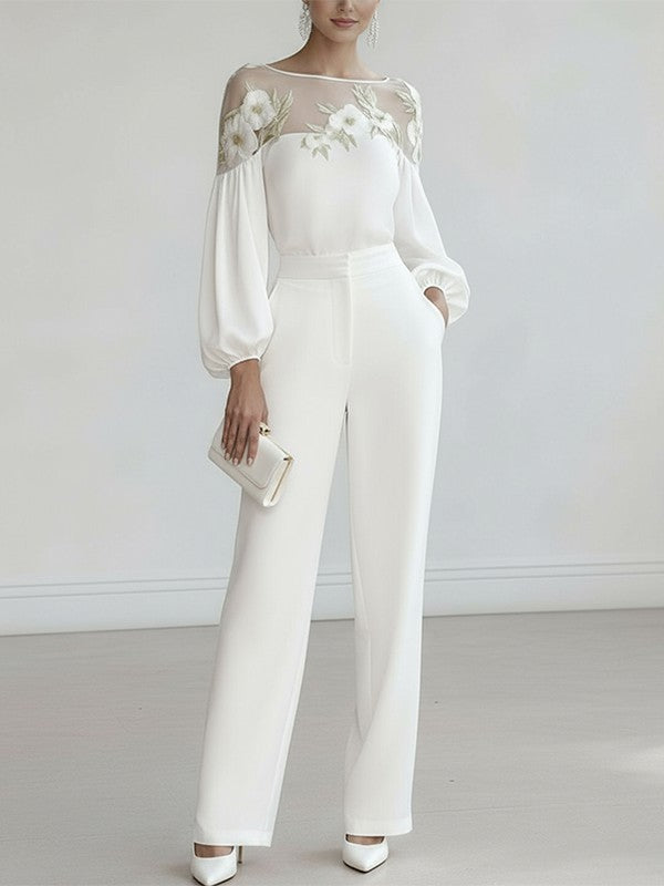 Blus dam med puffärmar, blommönster applikation och mesh-detalj