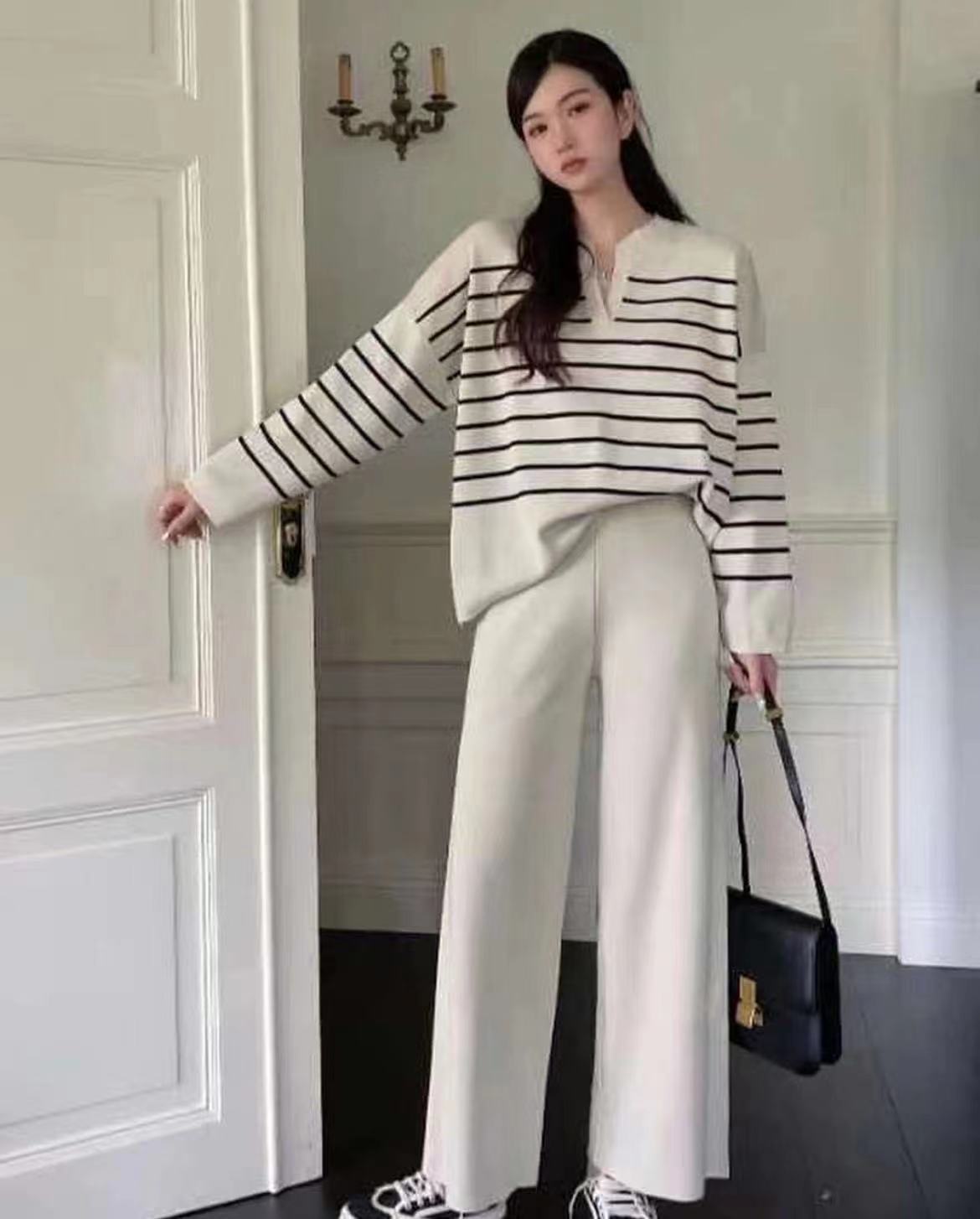 Stickat set dam tvådelad tweed randig blus och vida byxor