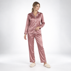 Dam satin pyjamas tvådelad med långärmad skjorta och kragad
