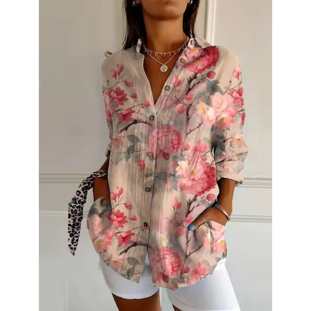 Blus dam med blommig print, långa ärmar och lös passform