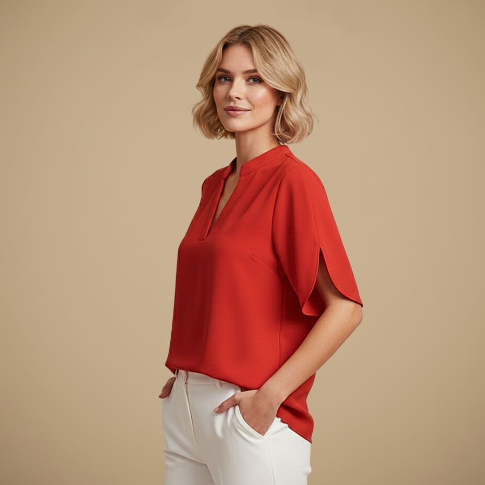 Blus dam med V-hals, kortärmad casual stil och uppstående krage