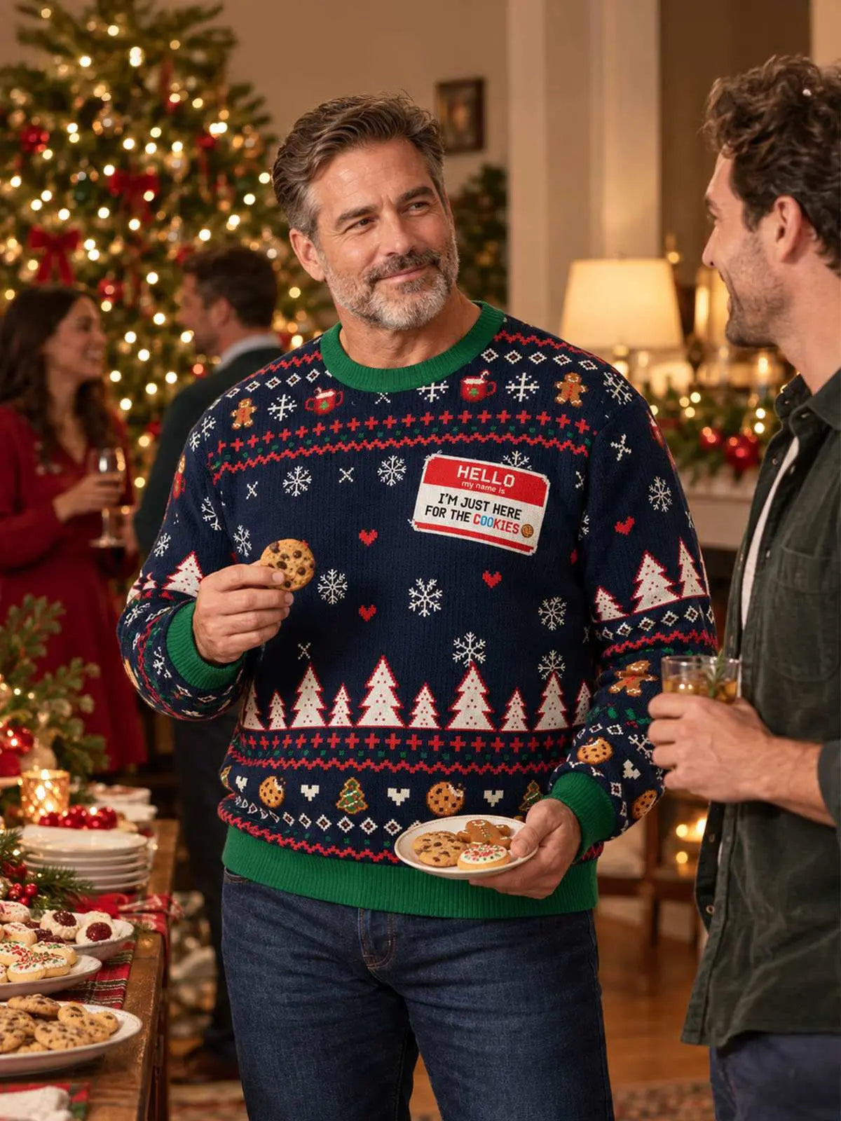 Jultröja dam marinblå rolig julsweater med pepparkaksgubbar och snöflingor