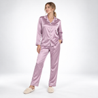 Dam satin pyjamas tvådelad med långärmad skjorta och kragad