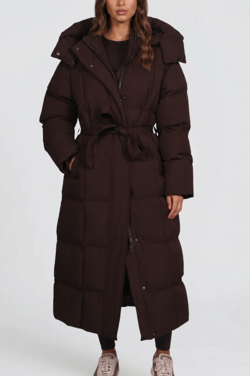 Vinterkappa dam lång steppad parkas med stor huva och knytbälte