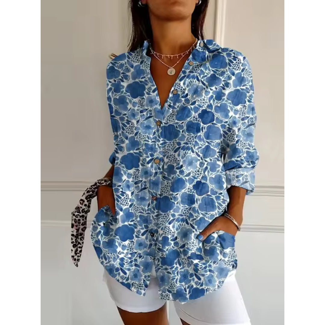 Blus dam med blommig print, långa ärmar och lös passform