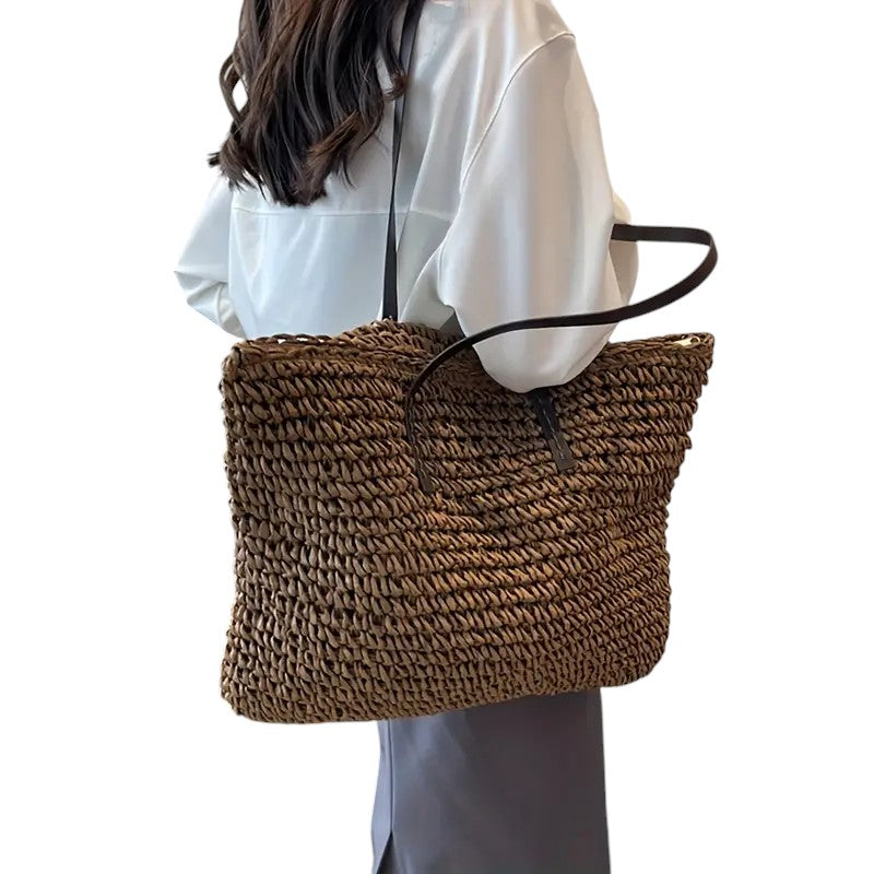 Tote bag dam i vävd design, stor handväska med hållbara axelremmar