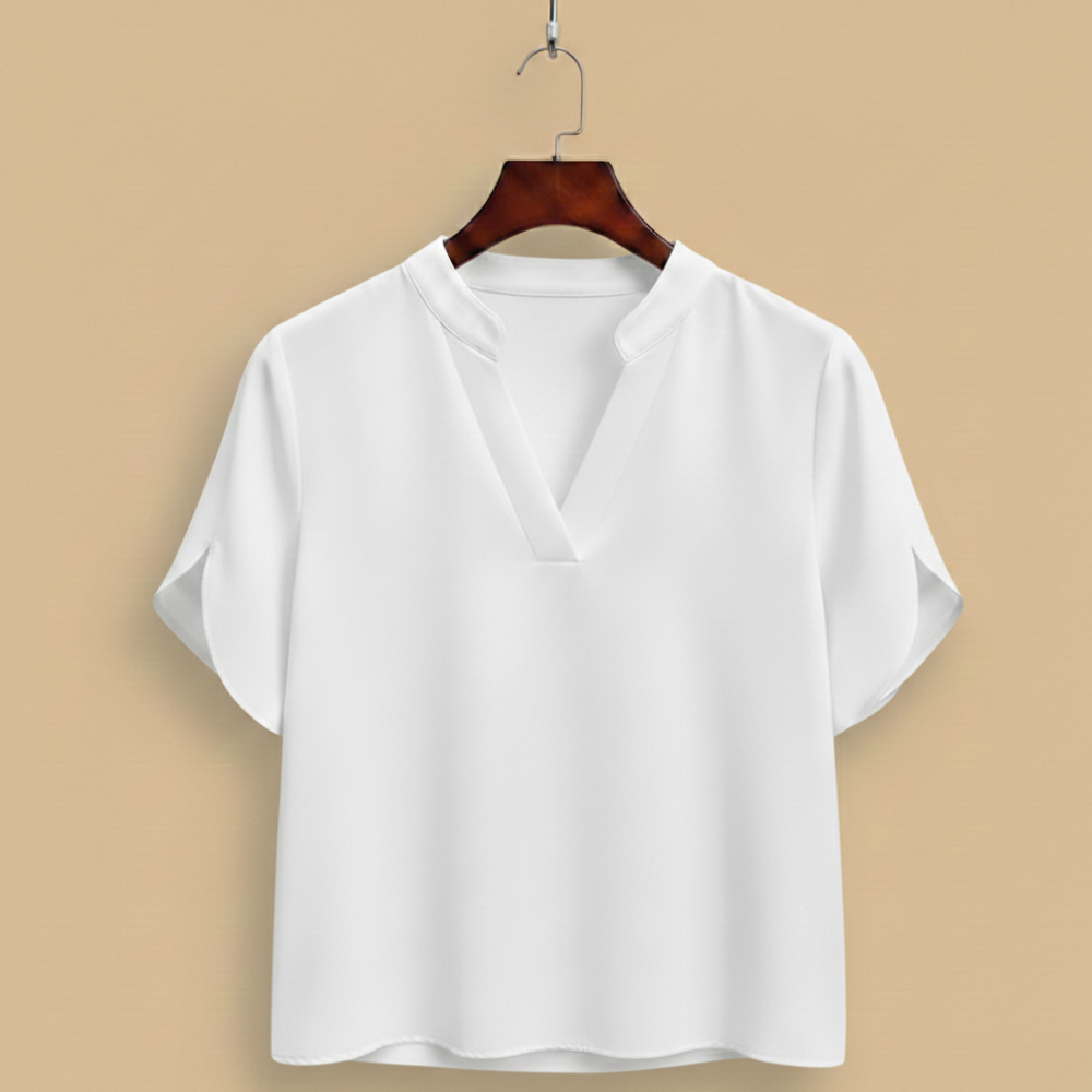 Blus dam med V-hals, kortärmad casual stil och uppstående krage