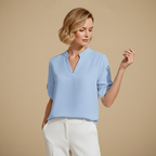 Blus dam med V-hals, kortärmad casual stil och uppstående krage