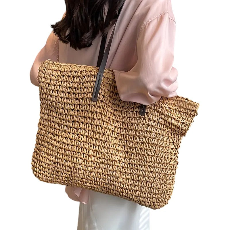 Tote bag dam i vävd design, stor handväska med hållbara axelremmar
