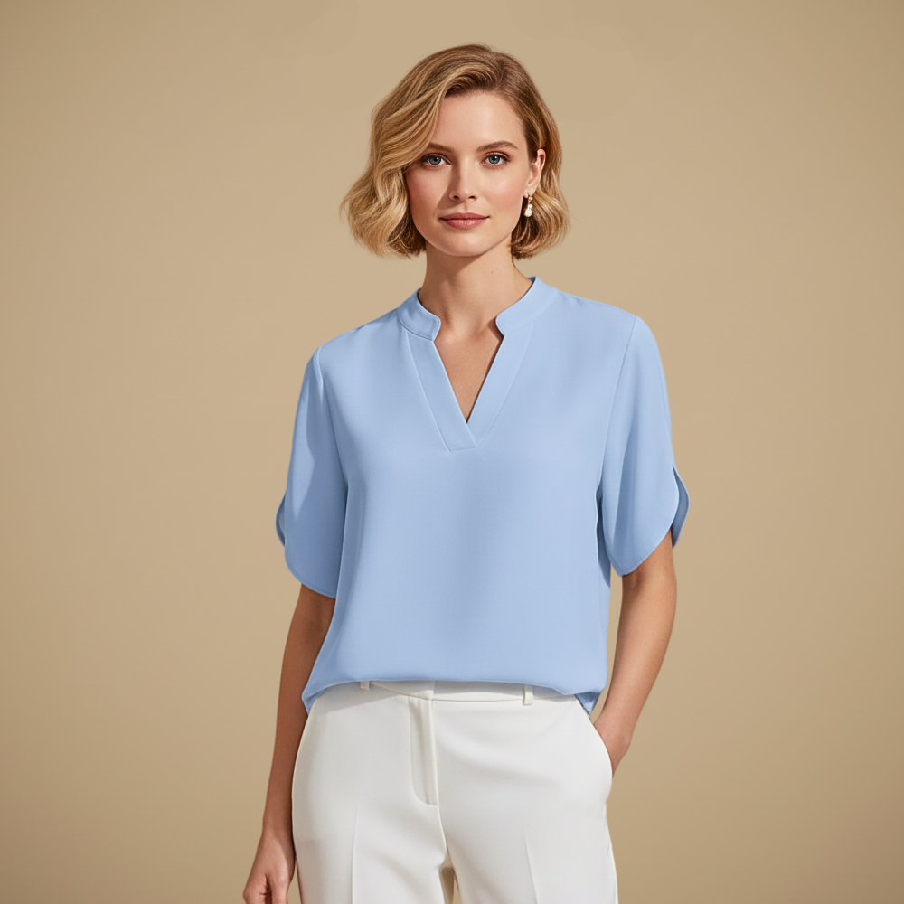 Blus dam med V-hals, kortärmad casual stil och uppstående krage