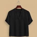 Blus dam med V-hals, kortärmad casual stil och uppstående krage