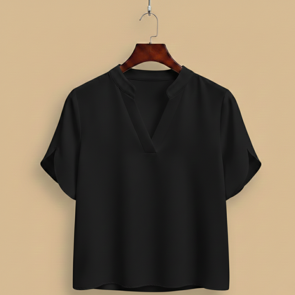 Blus dam med V-hals, kortärmad casual stil och uppstående krage