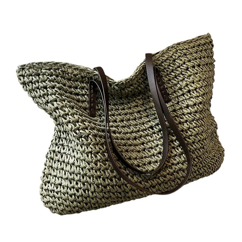 Tote bag dam i vävd design, stor handväska med hållbara axelremmar