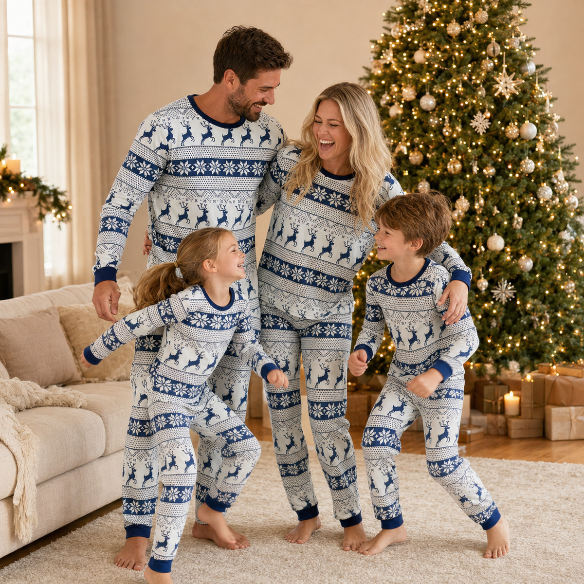 Julpyjamas familj nordiskt renmönster långärmad set för vuxna och barn