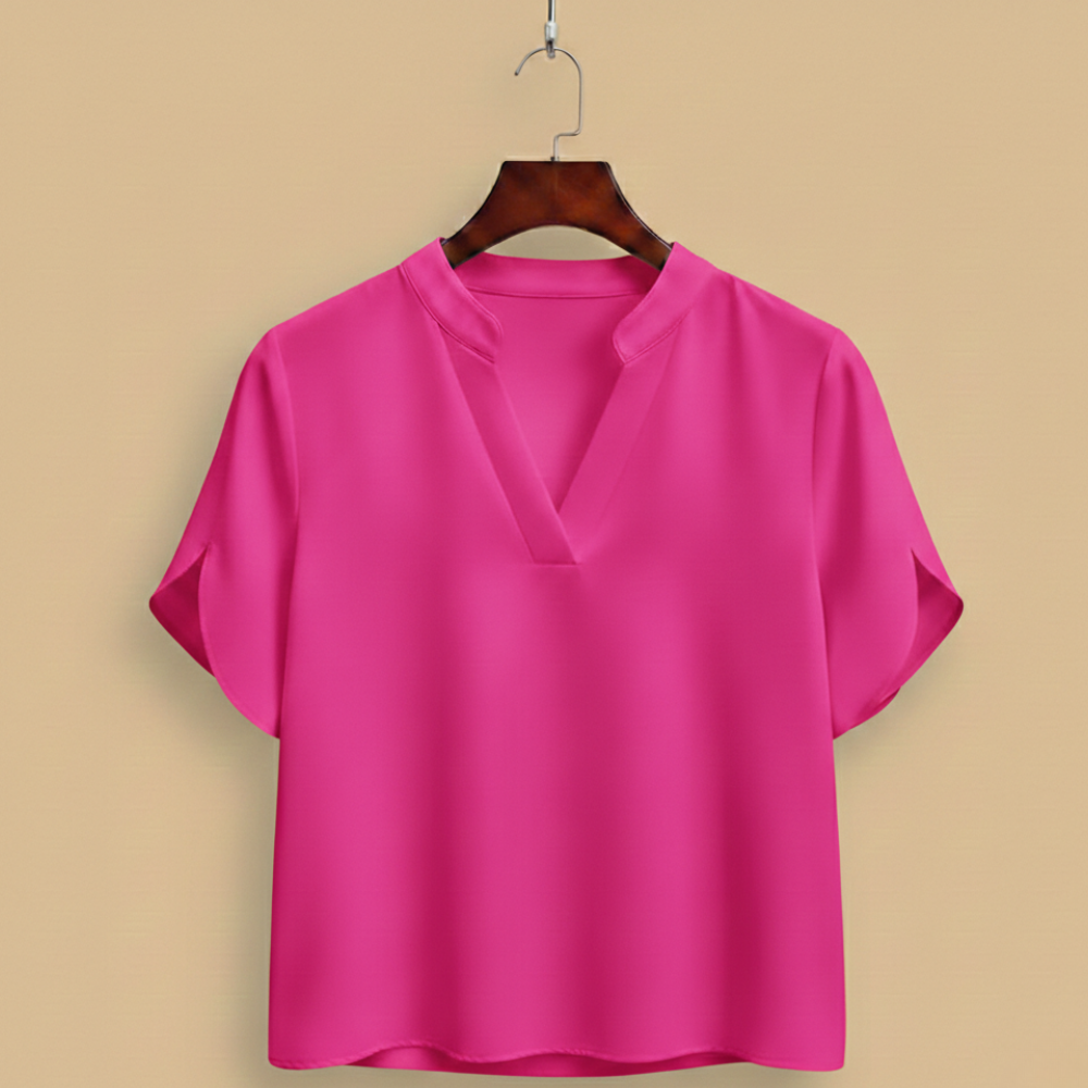 Blus dam med V-hals, kortärmad casual stil och uppstående krage