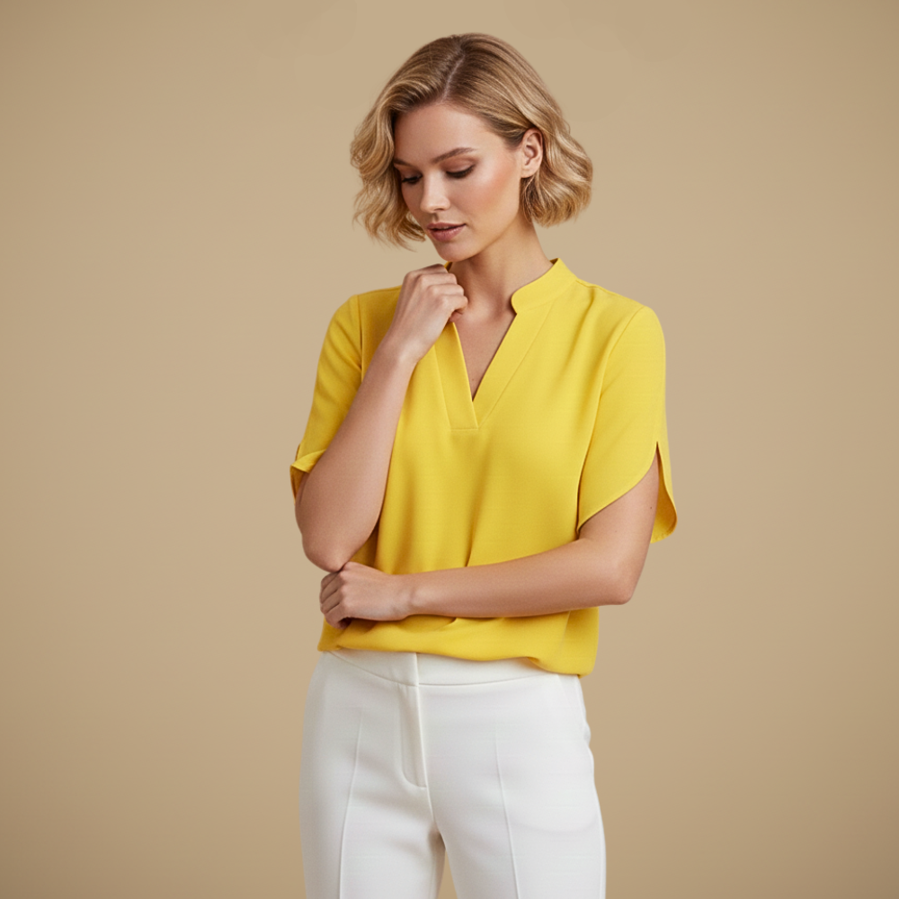 Blus dam med V-hals, kortärmad casual stil och uppstående krage
