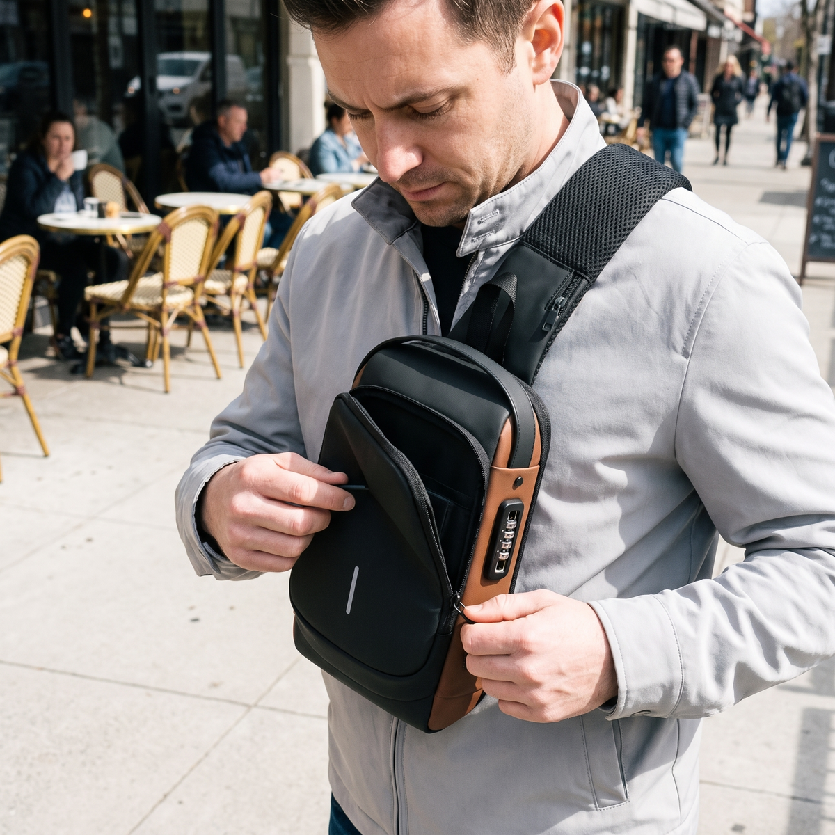Crossbody väska dam stöldskyddad med kombinationslås och dolda dragkedjor