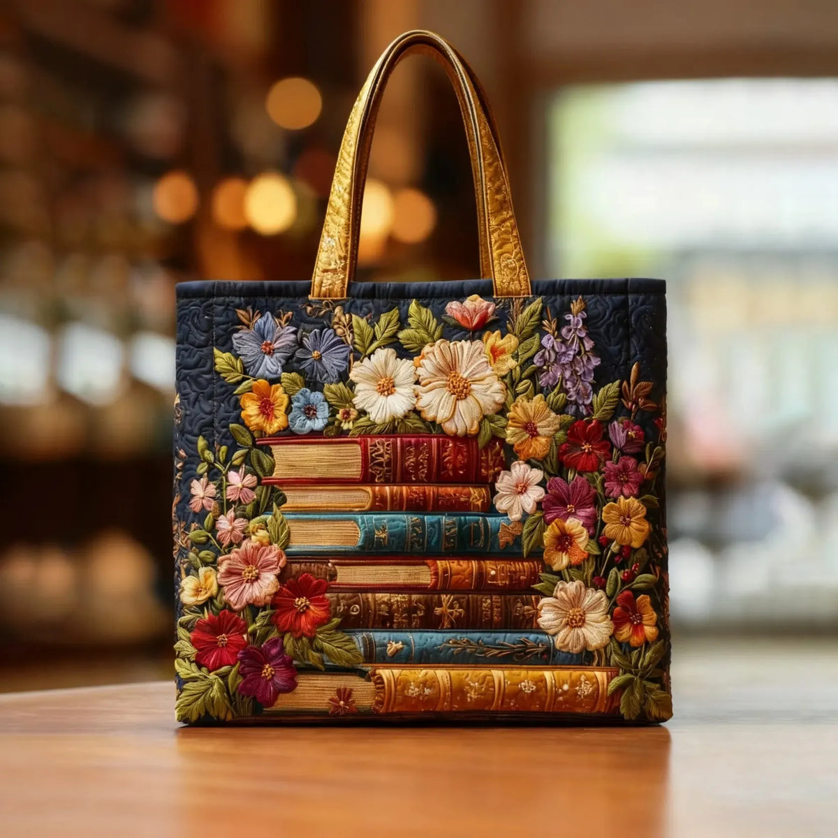 Tote bag dam med blommigt konsttryck och bokmotiv, lättviktig polstrad